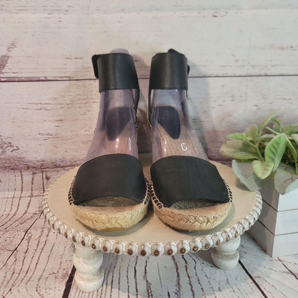 Vince Sophie Black Leather Espadrille Wedge Peep Toe Sandals Size 11M